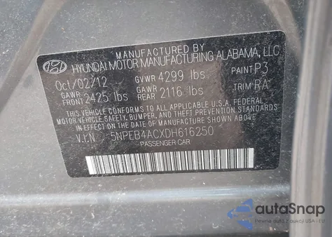2013 Hyundai Sonata Gls из США, поврежденный, VIN 5NPEB4ACXDH616250